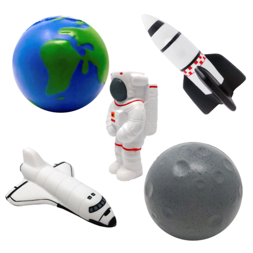 5 foam rubber figures, space travel, earth, moon