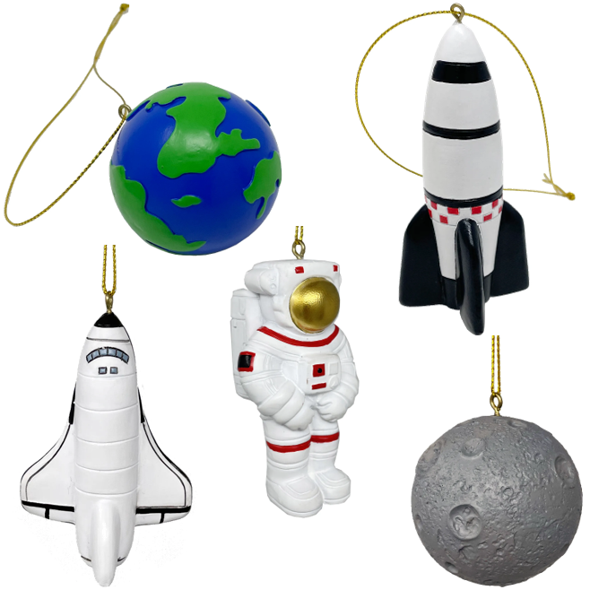 Resin Ornaments - Earth, Moon, Rocket, Space Shuttle, Cosmonaut/Astronaut